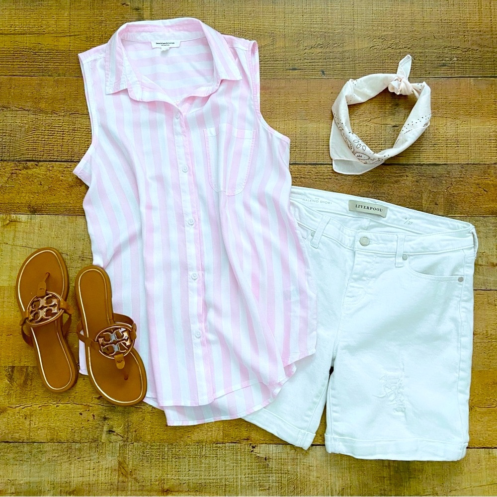 Sleeveless Button Down Pink + White Summer Top